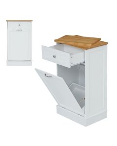 Kinsuite Tilt Out Trash Bin - White Wooden Trash Cabinet, Free Standing Kitchen Trash Can, Holder & Recycling Cabinet with Hideaway Drawer, Removable Bamboo Cutting Board