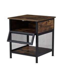 Kinsuite Industrial End Table with Storage, Side Table with Flip Drawer and Mesh Shelf, Nightstand for Living Room Bedroom Office, Rustic Brown and Black