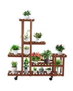 Kinsunny Wooden Plant Stand Multi Layer Flower Stand high-capacity with Wheels Rolling Plant Flower Display Shelf Indoor Movable Storage Rack Holder Outdoor for Patio Bedroom Balcony Garden Yard