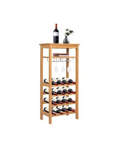 Kinsuite Bamboo Wine Rack Storage, 16 Bottles Free Standing Wine Holder Display Shelf with Glass Hanger & Shelf