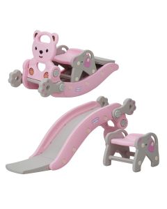 Kinbor Baby 4 in 1 Rocking Horse Slide Set Toddler Climbing and Animal Rocker with Basketball Hoop and Ferrule Indoor and Outdoor for Boys and Girls-Pink