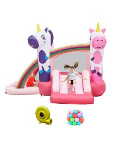 Kinbor Baby Kids Inflatable Jumping Slide Bounce House with Blower Ocean Ball, Pink Unicorn