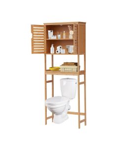 Kinsuite Over-The-Toilet Storage Shelf - Bamboo Bathroom Storage Cabinet with 2 Doors & Adjustable Storage Shelf, Free Standing Toilet Rack with 6 Hooks for Bathroom Toilet Balcony Laundry