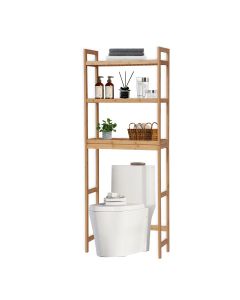 Kinsuite Over The Toilet Storage Shelf - 3-Tier Bamboo Bathroom Shelves Over Toilet, Adjustable Storage Shelf with 6 Hooks, Freestanding Above Toilet Rack for Bathroom Toilet Balcony Laundry