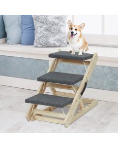Kinpaw Wood Pet Stairs Steps - 3-Level Foldable Pet Steps Portable Dog Ramp, 2-in-1 Foldable Carpeted Dog Stairs Dog/Cat Ladder for Bed Car Sofa