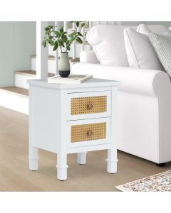 Kinsuite Nightstand Bedroom Side Table - Modern End Table with Drawers Rattan, Side Table with Storage & Solid Wood Legs for Bedroom Living Room Sofa Couch