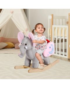 Baby Kids Ride-On Rocking Horse - Toddler Animals Toy Plush Wooden Elephant Rocker Animal Rocker with Nursery Rhymes 