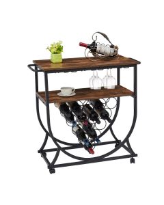 Kinsuite Bar Wine Rack Cart for Home, Industrial Bar Serving Cart with Wheels and Handles, 2 Tier Mini Bars with Glass Holder for Kitchen, Party, Rustic Brown