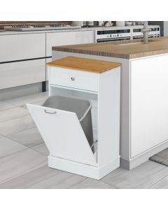 Kinsuite Tilt Out Trash Bin - White Wooden Trash Cabinet, Free Standing Kitchen Trash Can, Holder & Recycling Cabinet with Hideaway Drawer, Removable Bamboo Cutting Board