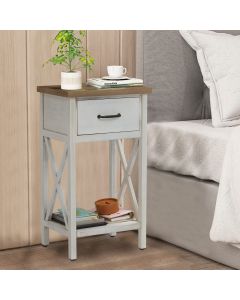 Kinsuite Tall Farmhouse Wooden Nightstand Bedroom - High Bedside Table, Narrow Modern End Table, Side Table with 1-Drawer and Open Storage Shelf, for Living Room Distressed Retro White