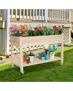 Kinsunny Wooden Raised Garden Bed Kit with Legs Elevated Garden Bed Elevated Planter Box on Lockable Wheels Storage Shelf for Vegetables