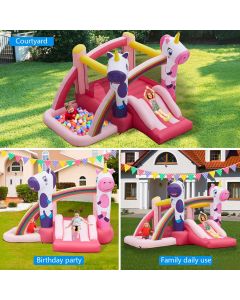 Kinbor Baby Kids Inflatable Jumping Slide Bounce House with Blower Ocean Ball, Pink Unicorn