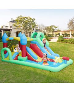 Kinbor Baby Inflatable Bounce House with Blower, Bouncy Jumping House with Slide, Inflatable Waterslide for Wet and Dry, Kids Castle Party Theme Bounce House with 2 Slides, Climbing Wall, Idea for Kids