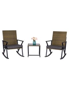 Kinsunny 3 Piece Outdoor Patio Bistro Set - Patio Wicker Rocking Chair Set, Rattan Rocker Armchair with Cushion and Coffee Table