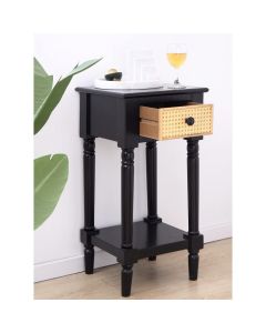 Kinsuite Side Table Tall Nightstand, End Table with Rattan Decorated Drawer & Thickened Storage Shelf, Wood Retro Accent Table with Storage for Bedroom Living Room, Black