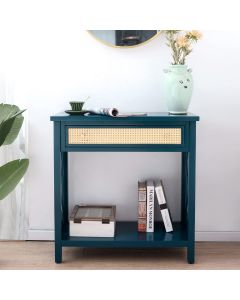 Kinsuite Console Table Entryway Table, 2-Tier Sofa Table with Rattan Drawer and Bottom Shelf, Accent Sofa Table for Living Room Bedroom Hallway, Blue