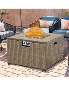 Kinsunny Propane Gas Fire Pit Table - 32 inch Square 40,000BTU Patio PE Rattan Wicker Gas Fire Table with Ceramic Tile Tabletop and Glass Wind Guard for Outdoor Garden, Backyard, Brown