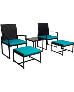 Kinsunny 5 Pieces Wicker Rattan Outdoor PE Chair, Conversation Sets with Ottoman Set Furniture Seat Cushions and Glass Coffee Table Porch Furniture Sets -Turquoise