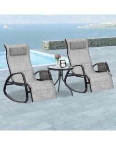 Kinsunny 3Pcs Rocking Chairs Outdoor Recliner with Round Coffee Table, Tempered Glass & Metal Frame Bistro Table, Adjustable Chairs with Removable Headrest & Side Pocket for Lawn Pool Garden, Grey