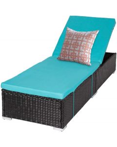 Kinsunny Outdoor PE Wicker Lounge Chair - Rattan Chaise Lounger with Blue Cushion and Adjustable Backrest Recliner