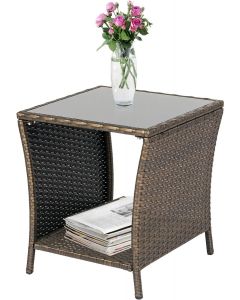 Kinsunny Patio Wicker Bistro Table Rattan Square Outdoor Furniture Woven Desk Side with Black Glass Top, Dark Blonde 