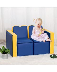 Kinsuite 2-in-1 Multifunctional Kids Armchair, Double Sofa Convert to Table & 2 Chairs Set with Couch Storage Box for Toddlers Boy Girl Gift, Blue
